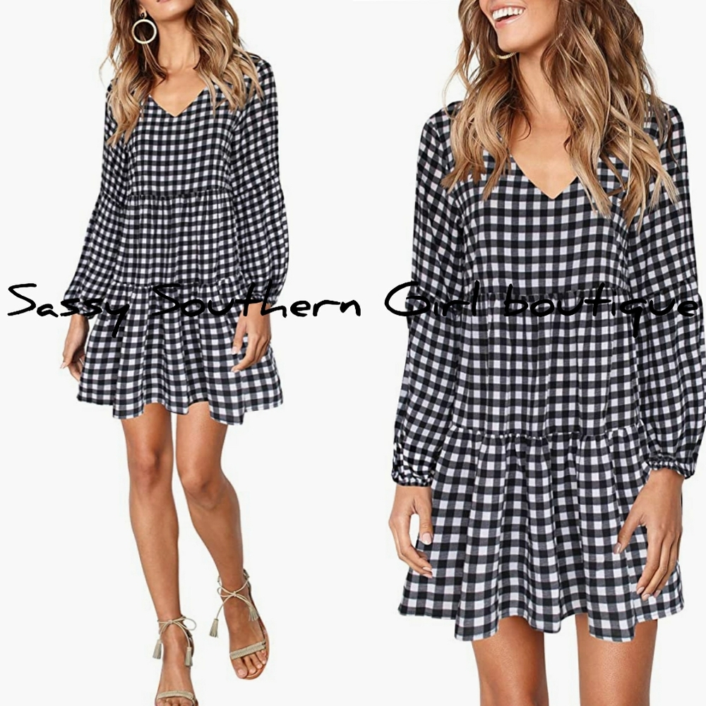 ⭐🆕 Gingham Black checkered ruffle tiered dress